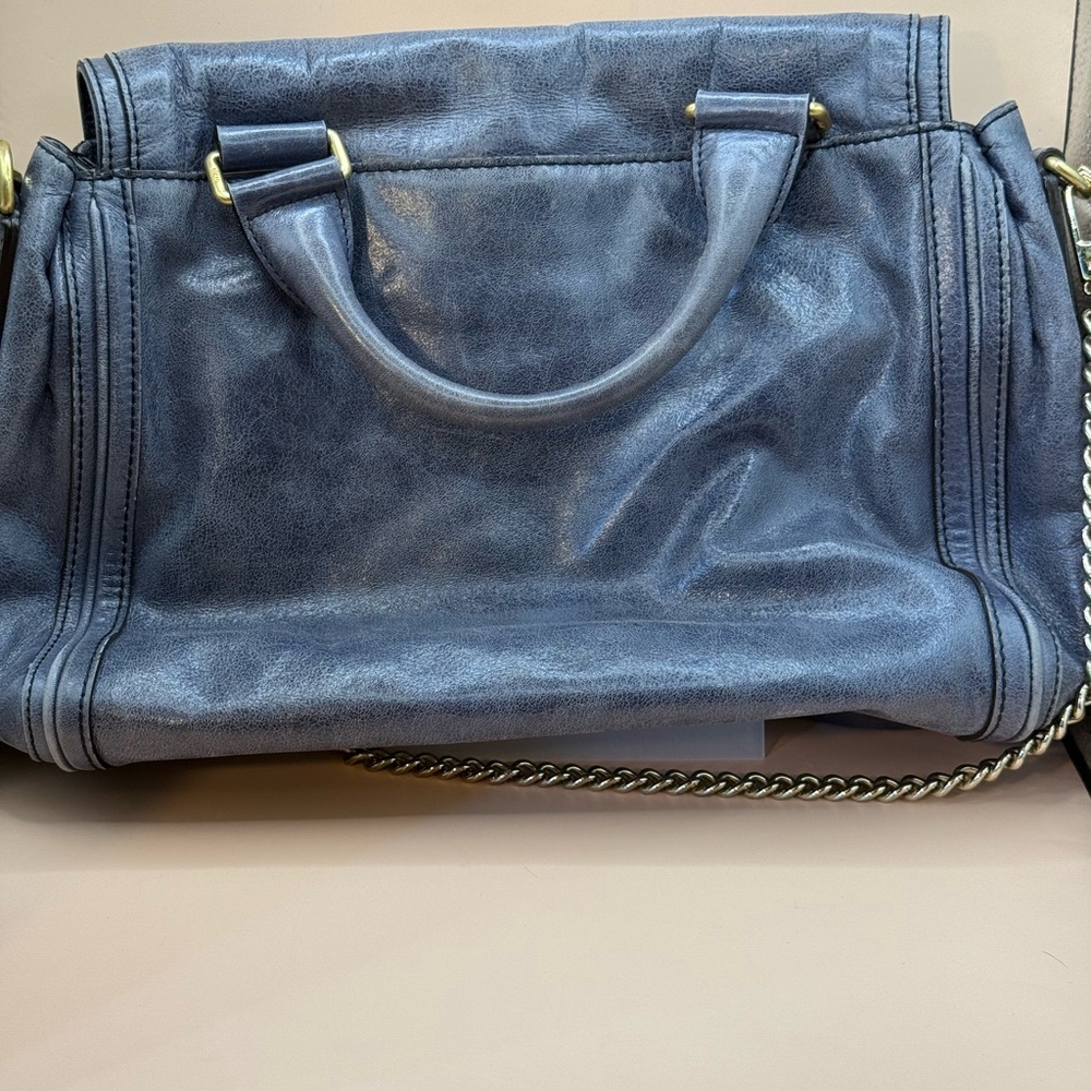MCM BLUE DISTRESSED LEATHER SHOULDER BAG w / replacement chain strap - Picture 3 of 16